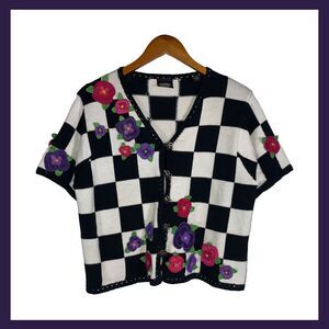 Vintage Christina Rotelli Checkered Floral Applique Sweater Cardigan 100% Cotton